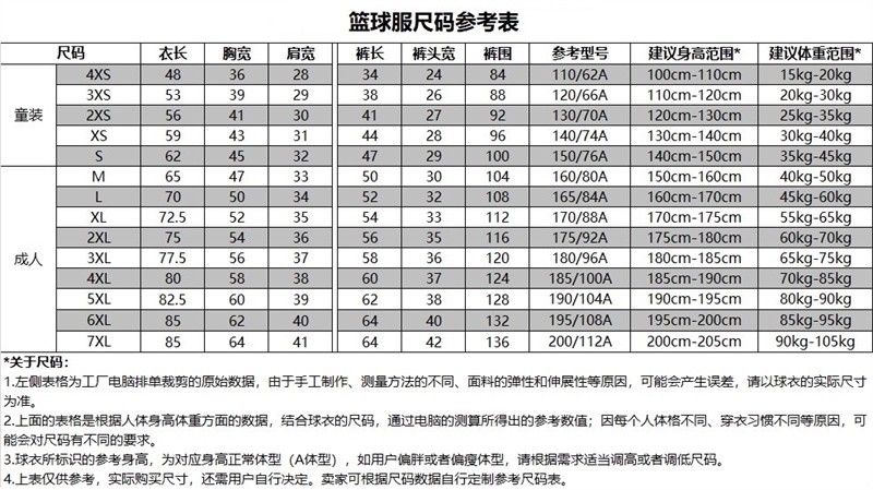 篮球训练服尺码怎么选择